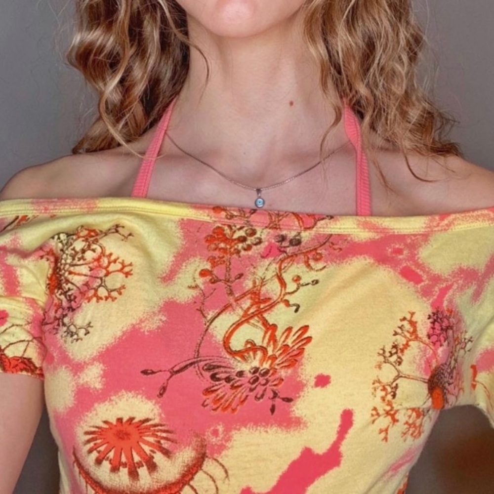 RARE Y2K GSUS Sindustries Yellow Top w Pink Halter Neck